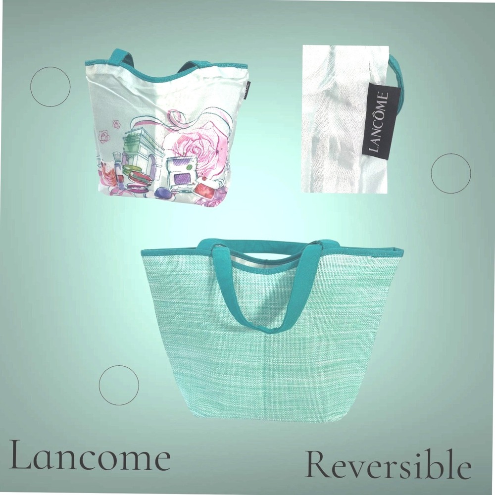 LANCÔME Paris Teal Green‎ Floral Lined Reversible Tote Bag